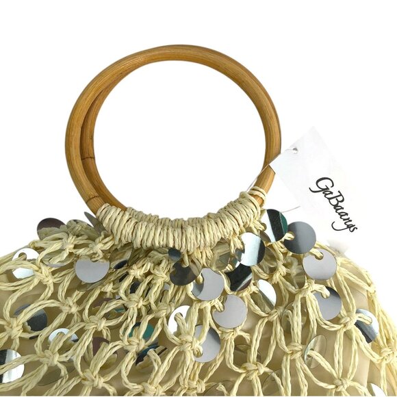Vintage Style GaBaangs Handbag Beige Woven Macramé Sequin Details Bamboo Handles - Picture 2 of 8